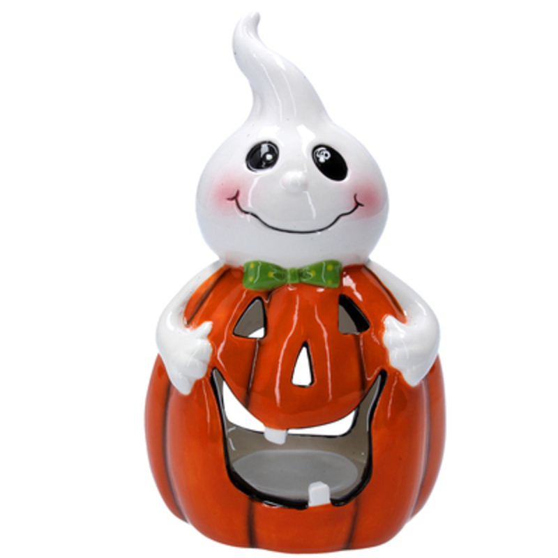 This ceramic Halloween pumpkin and ghost tealight holder is made by designer Gisela Graham.  Perfect to scare little trick or treaters on Halloween night. Fits standard size tealights.  This Halloween candle holder will make a great addition to your halloween decorations.